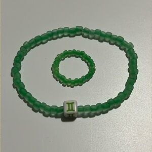 Gemini Green Beaded Bracelet and Ring Set, Stretchy